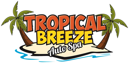 Tropical Breeze Auto Spa logo with palm trees and beach background.