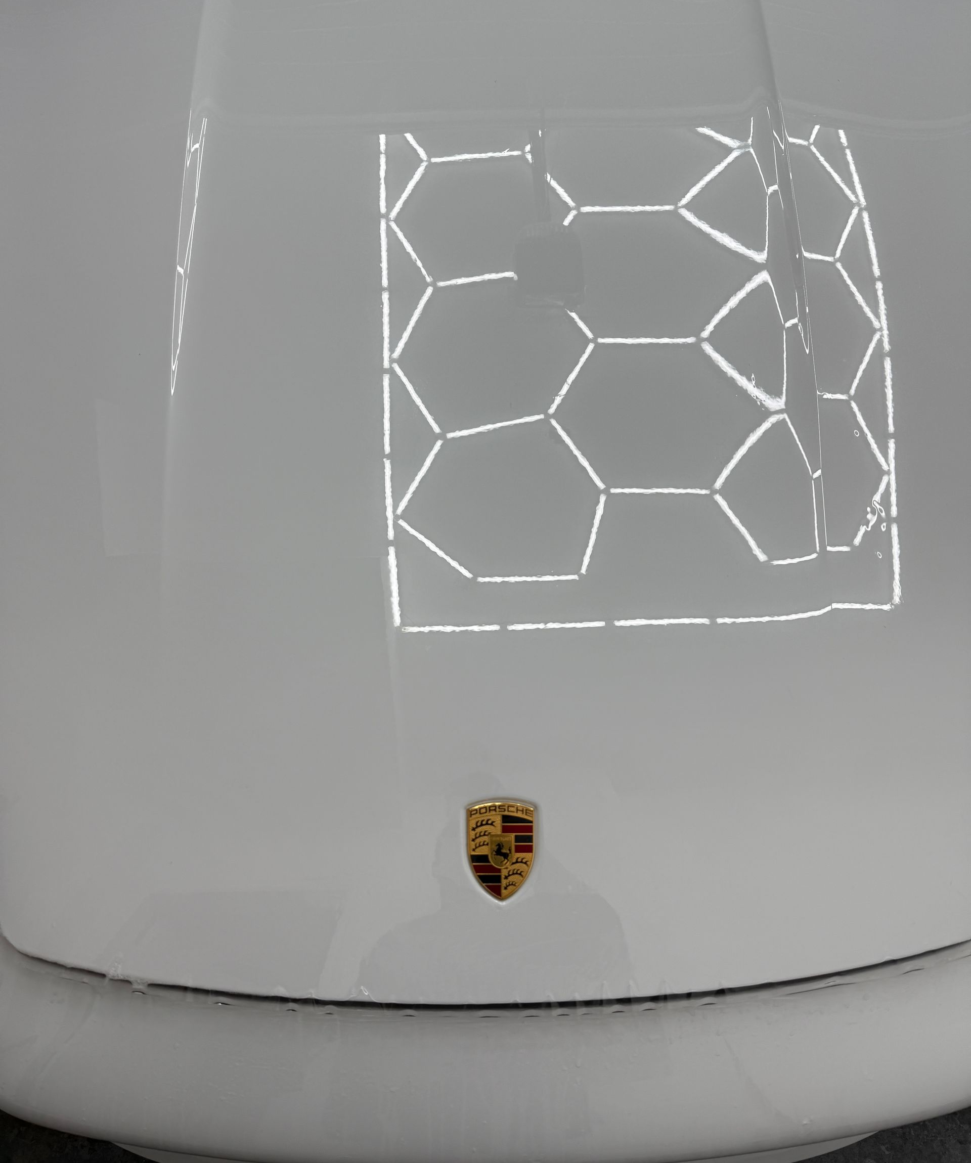 White Porsche hood with reflection of hexagonal lights and the emblem.