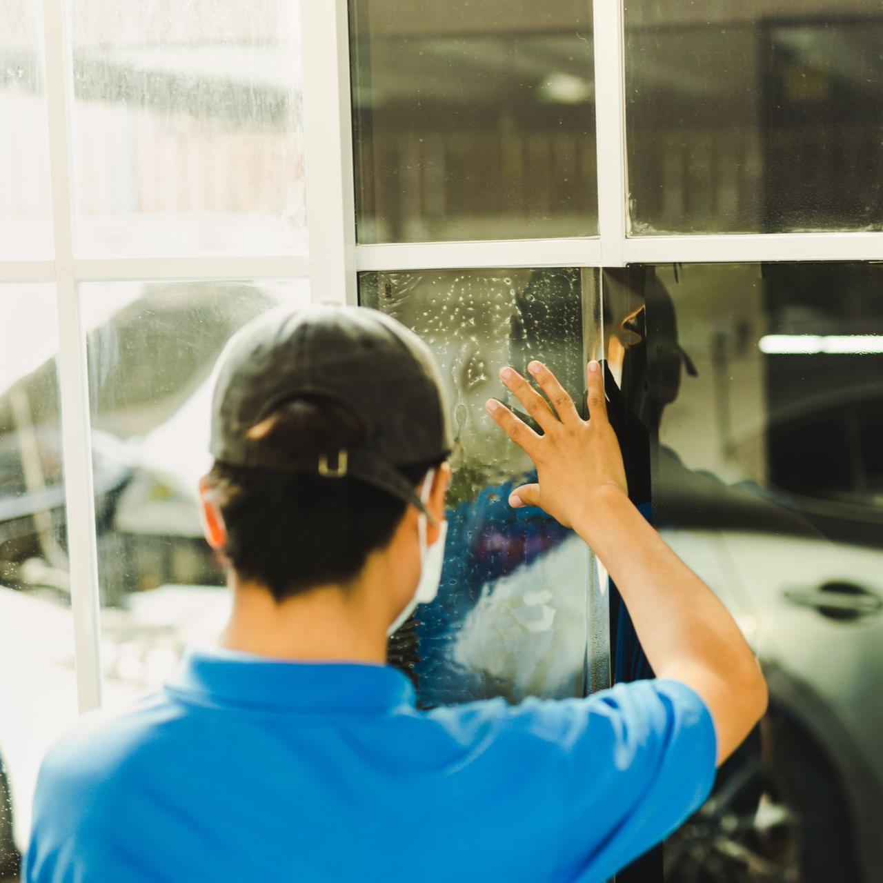 Person in blue shirt and cap applying tint to a window.
