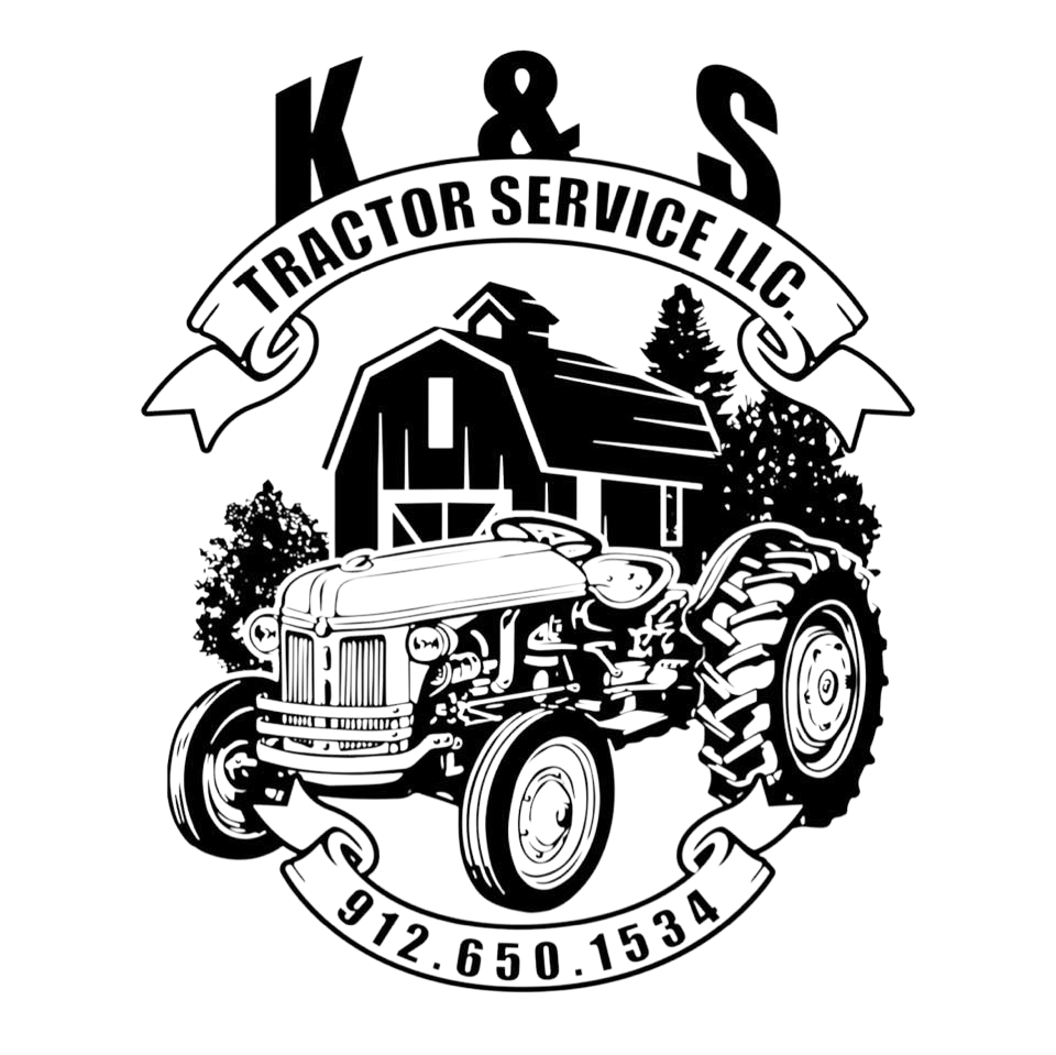 K & S Tractor Service LLC logo featuring a tractor in front of a barn and trees, with a phone number.