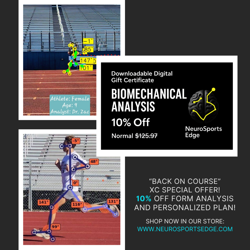 “Back on Course XC” digital gift certificate graphic showing “Biomechanical Analysis 10% Off” with NeuroSports Edge brain logo, overlaid on a sleek black background.
