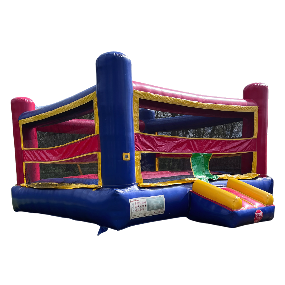A red and blue bouncy house with a slide attached to it.