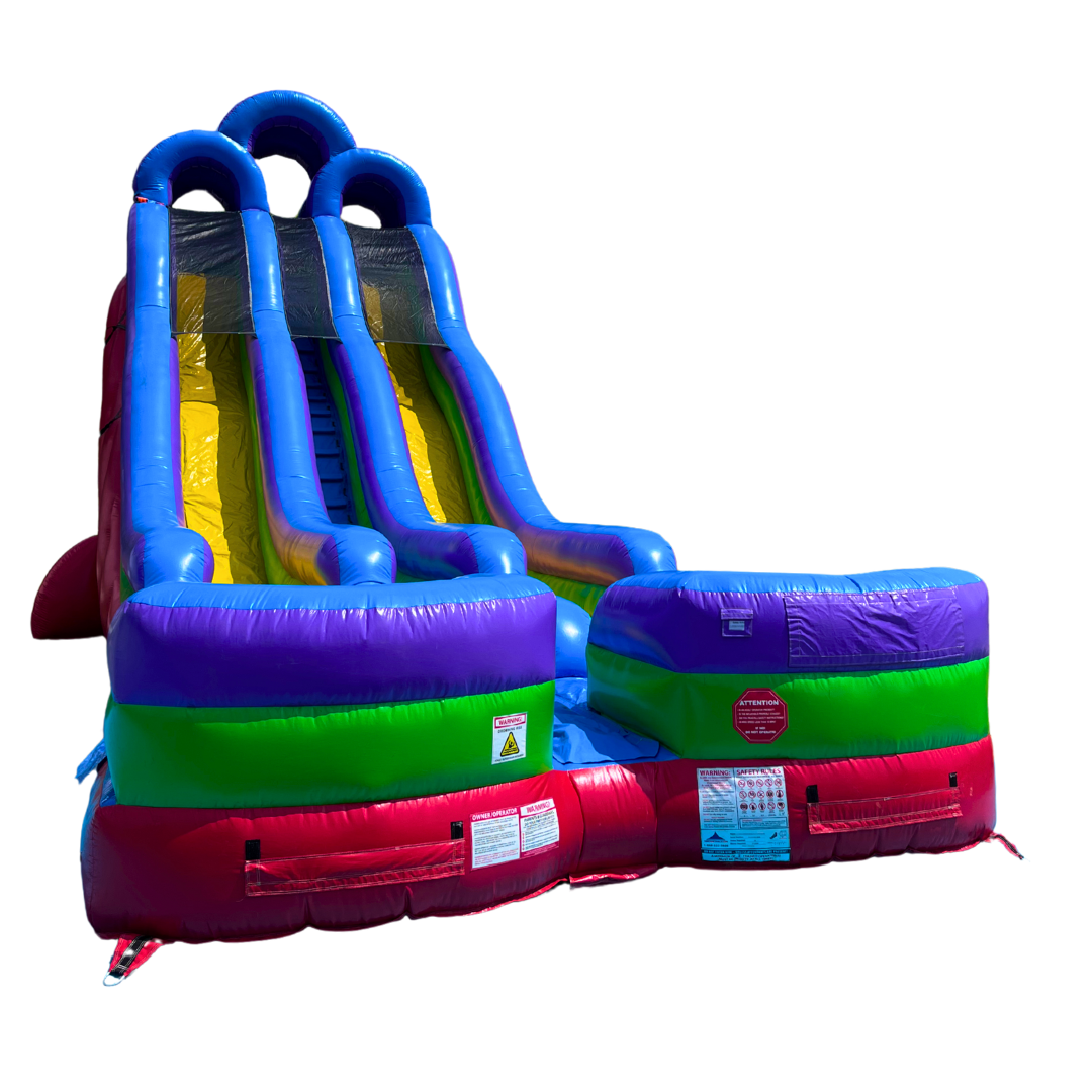 A colorful inflatable water slide on a white background