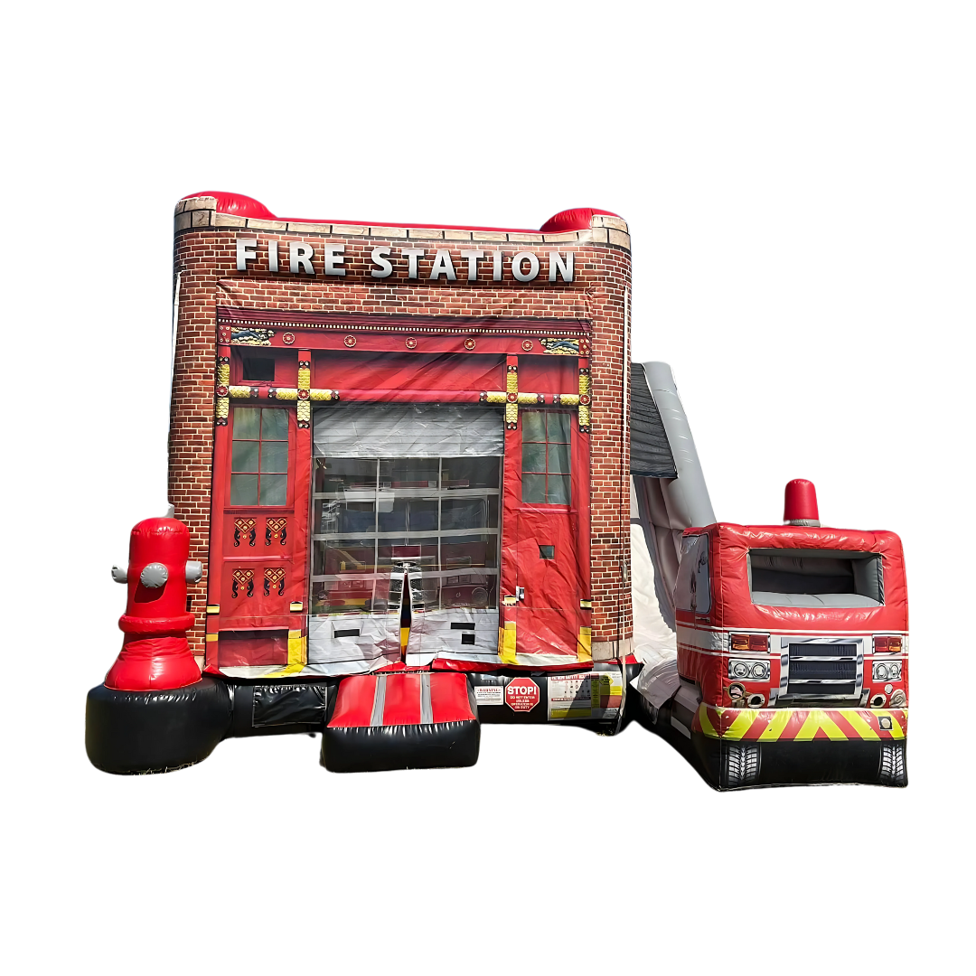 An inflatable fire station with a fire truck attached to it.