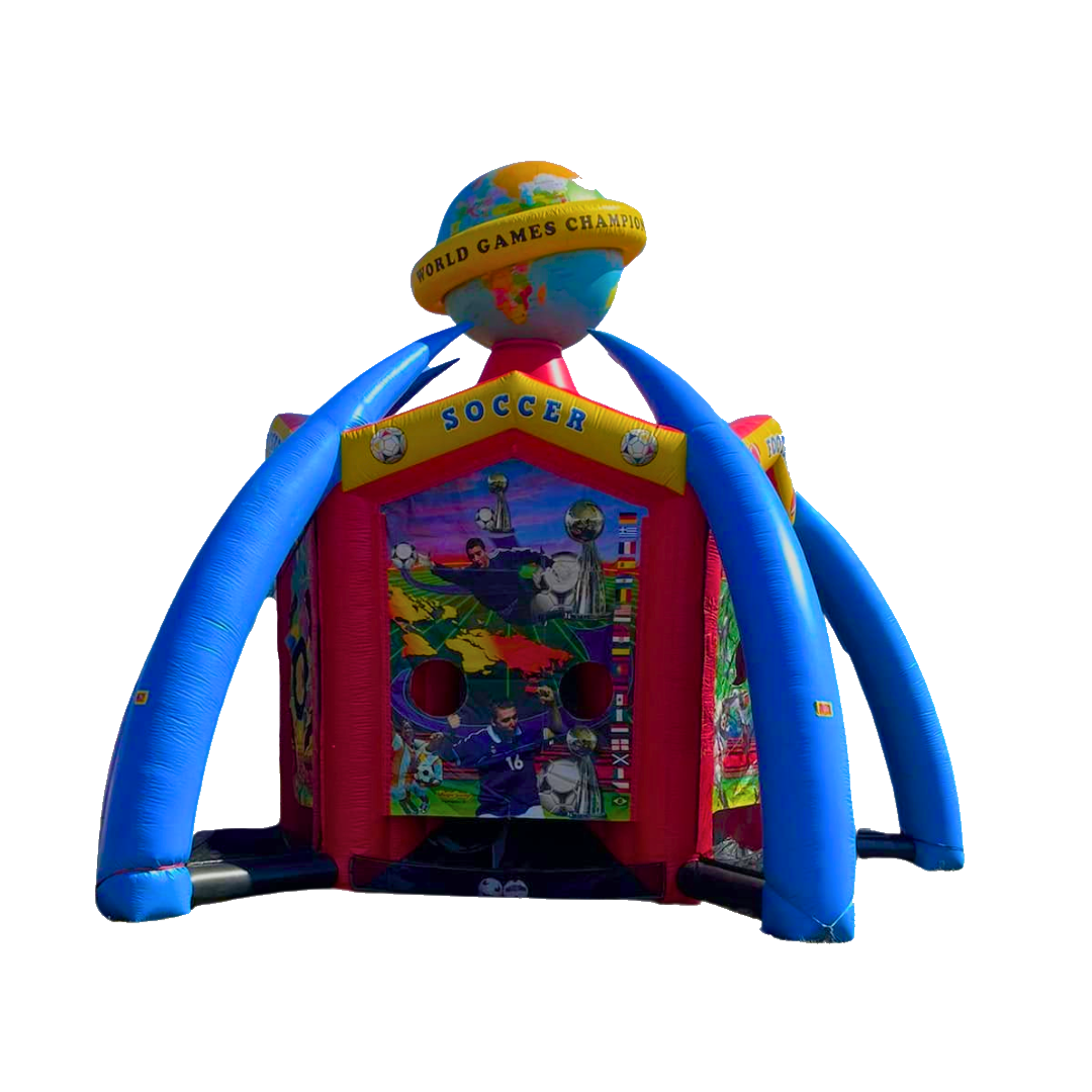 An inflatable soccer game with a globe on top of it