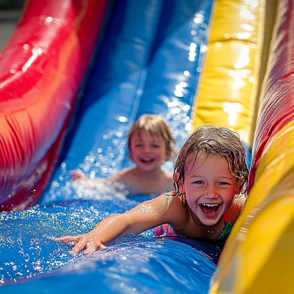 Two children are playing on an inflatable water slide.