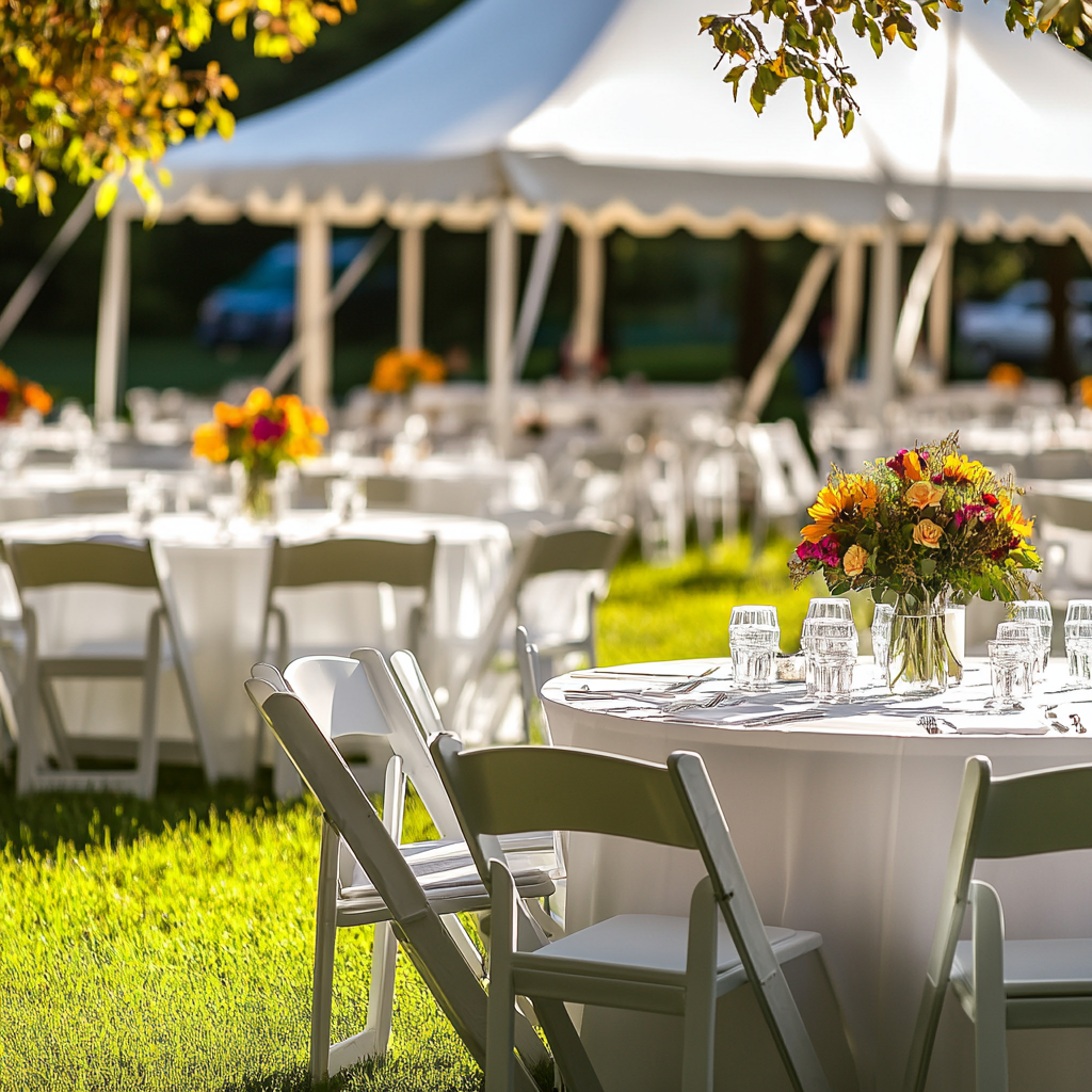 Tables and chairs set up for a wedding reception in the grass
