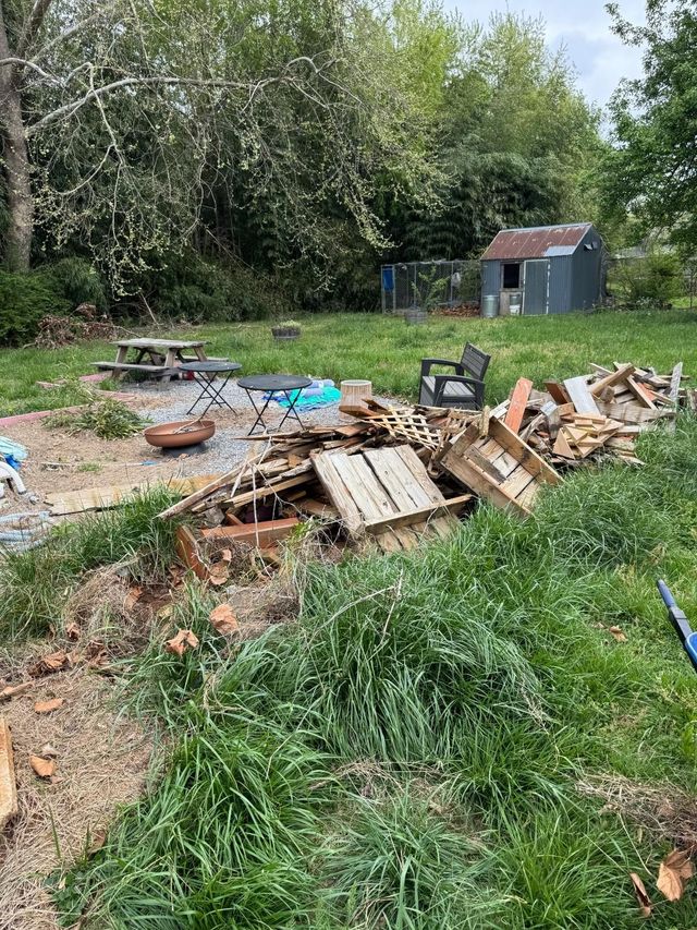Backyard with a pile of wood debris and pallets, picnic table, and a small shed near trees.