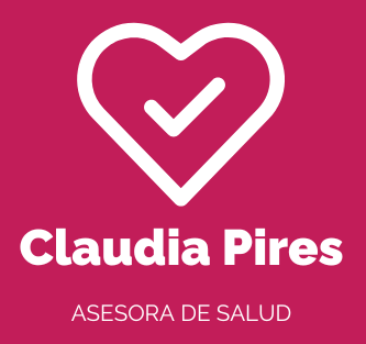 Corazón blanco con marca de verificación sobre fondo rosa. «Claudia Pires, asesora de salud».