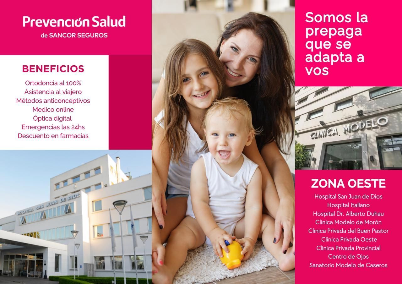 Anuncio de salud rosa y blanco. Mujer y niños sonríen. Clínica al fondo. Texto