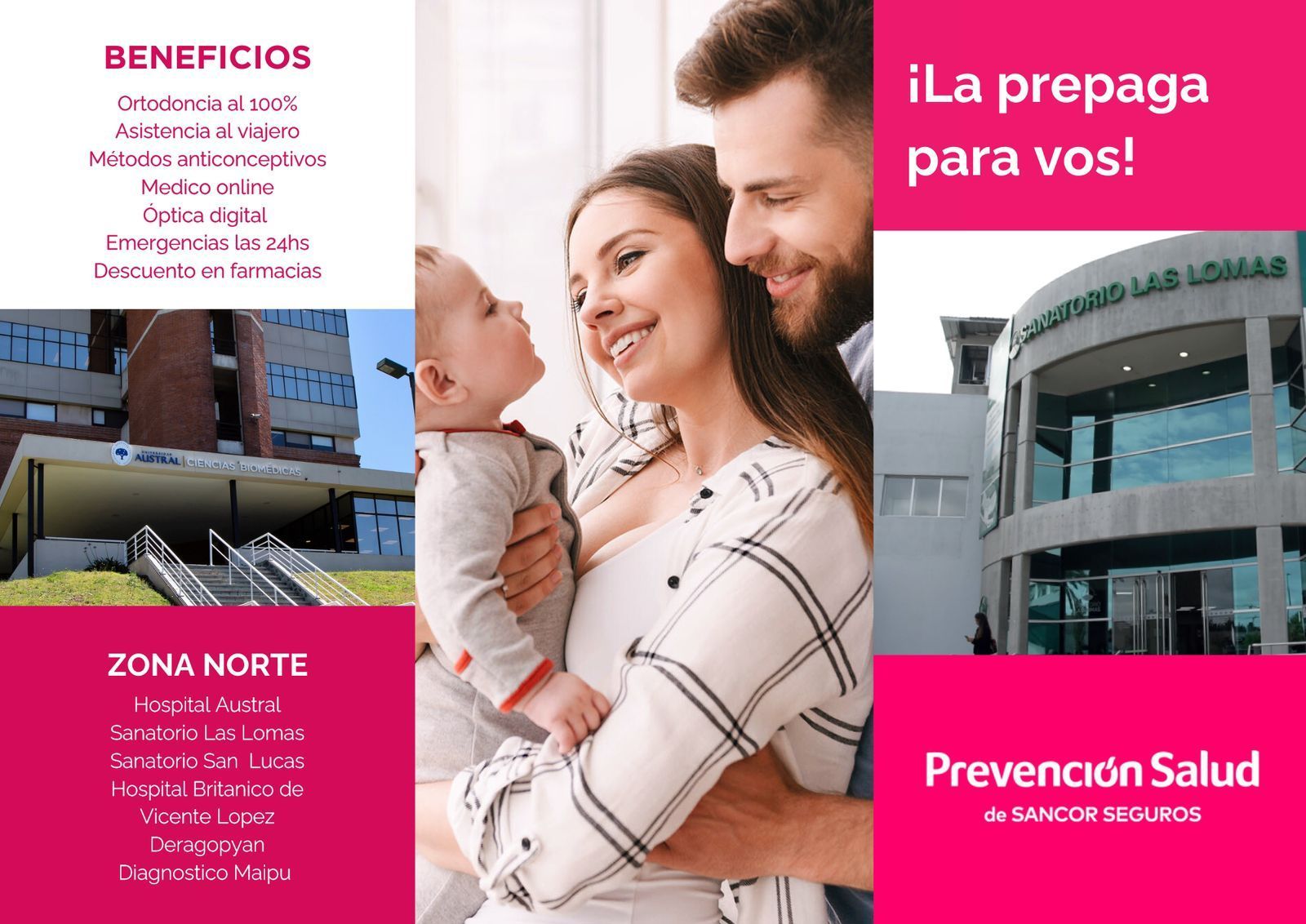 Familia con bebé sonríe, anuncio de servicios de prevención de salud frente a edificios.