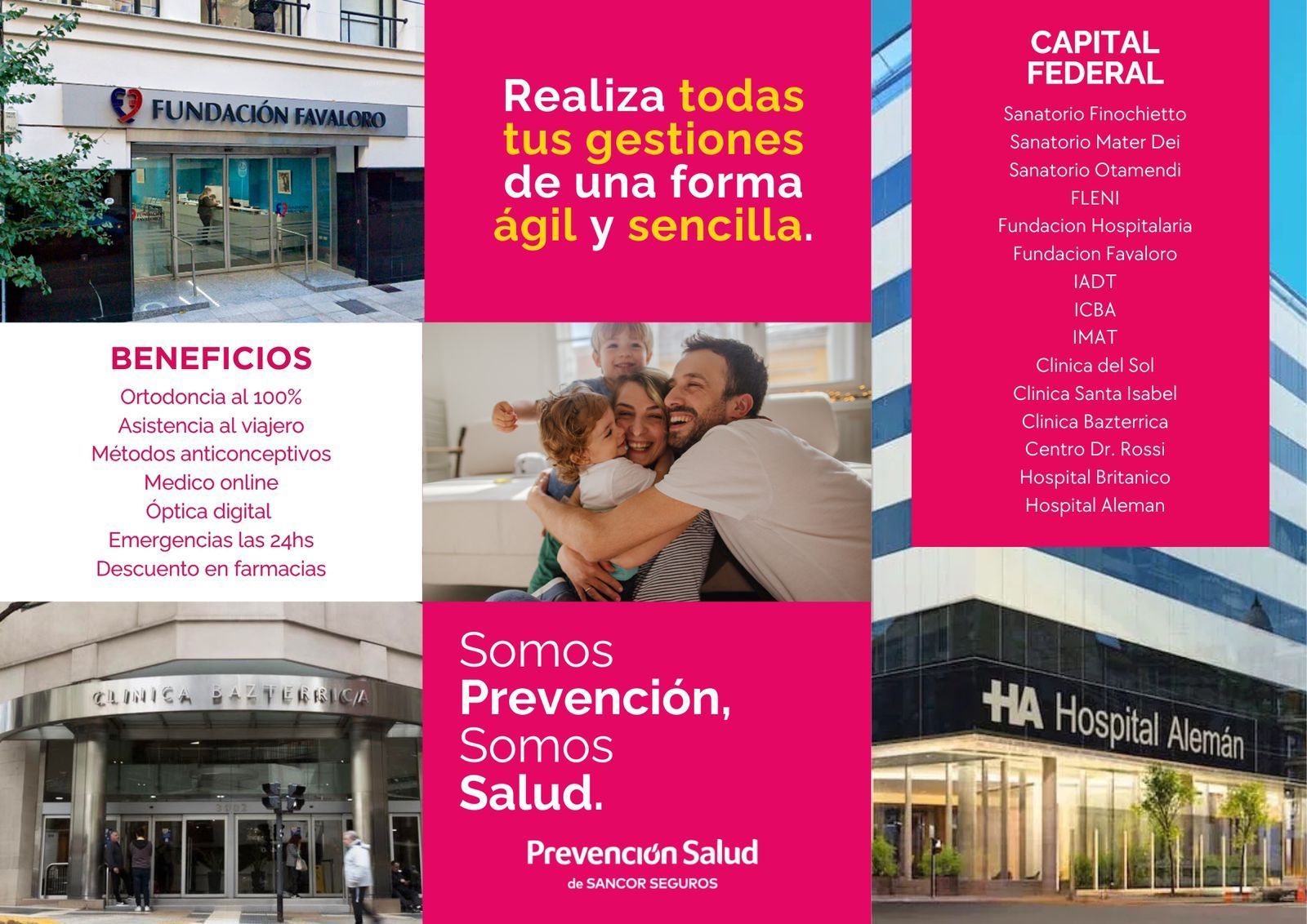 Folleto: servicios de salud; fondo rosa; texto “Realiza tus gestiones” e imágenes del hospital.