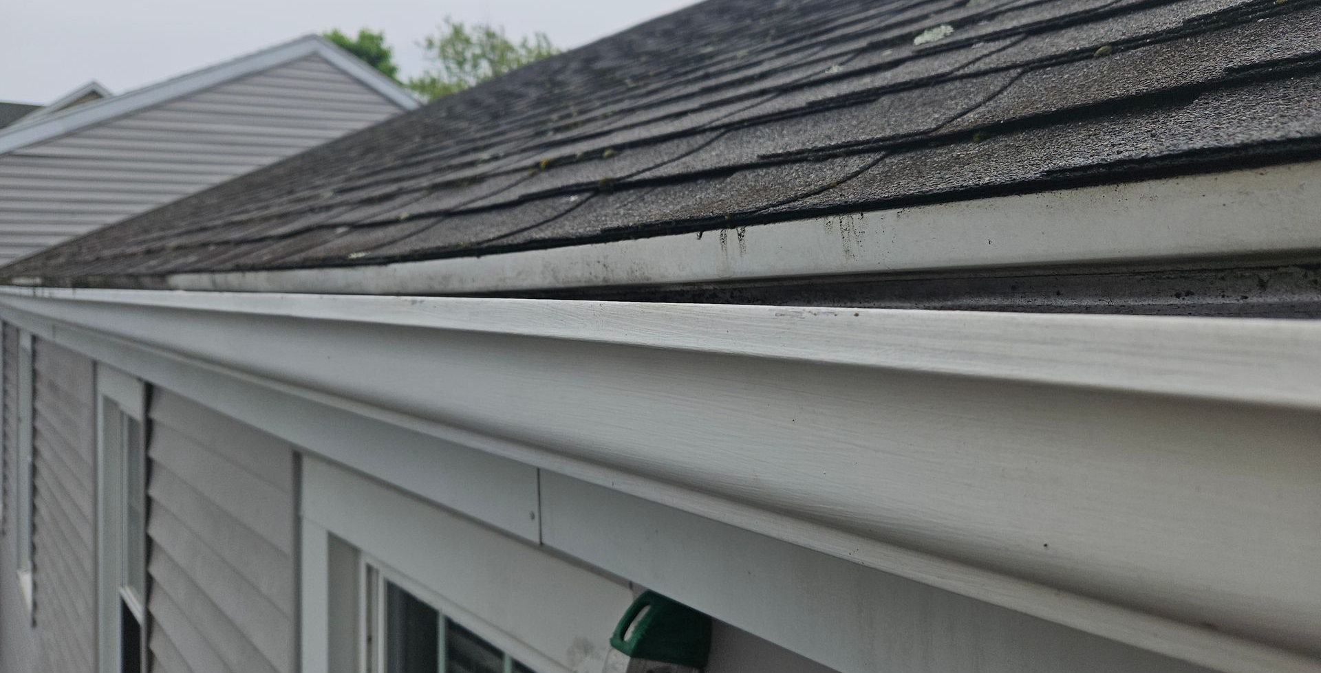 White gutters below a dark, mossy roof on a gray house.