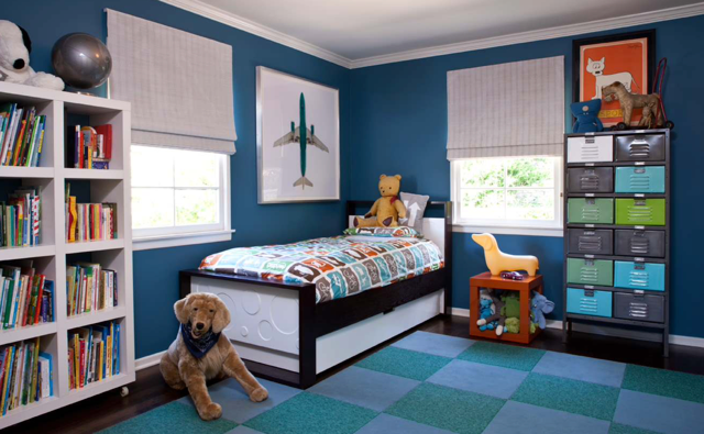Blue kids’ bedroom with twin bed, dog, bookshelves, and colorful storage cubes