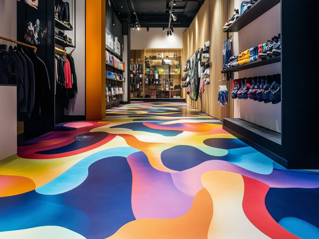 Colorful abstract-pattern floor in a boutique clothing store aisle with racks of clothes on both sides
