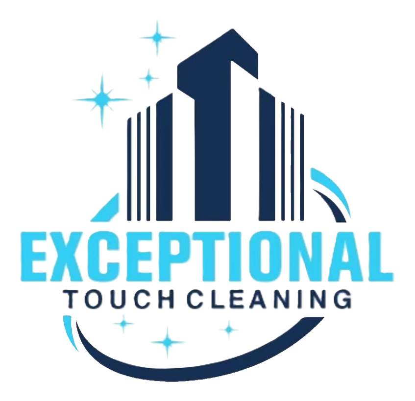 Exceptional Touch Cleaning logo in blue and white with stylized buildings and sparkles