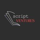 The ScriptVentures logo is shown on a dark brown background, with the company name emanating from a book