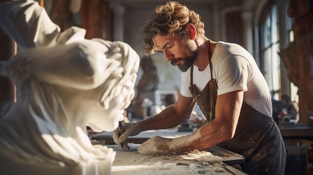 A sculptor chisels away at the base of a statue.