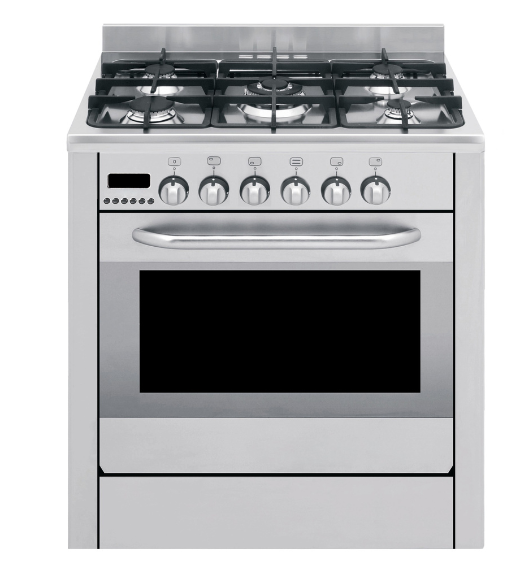 Gas stovetop with four burners, black grates, and silver knobs.