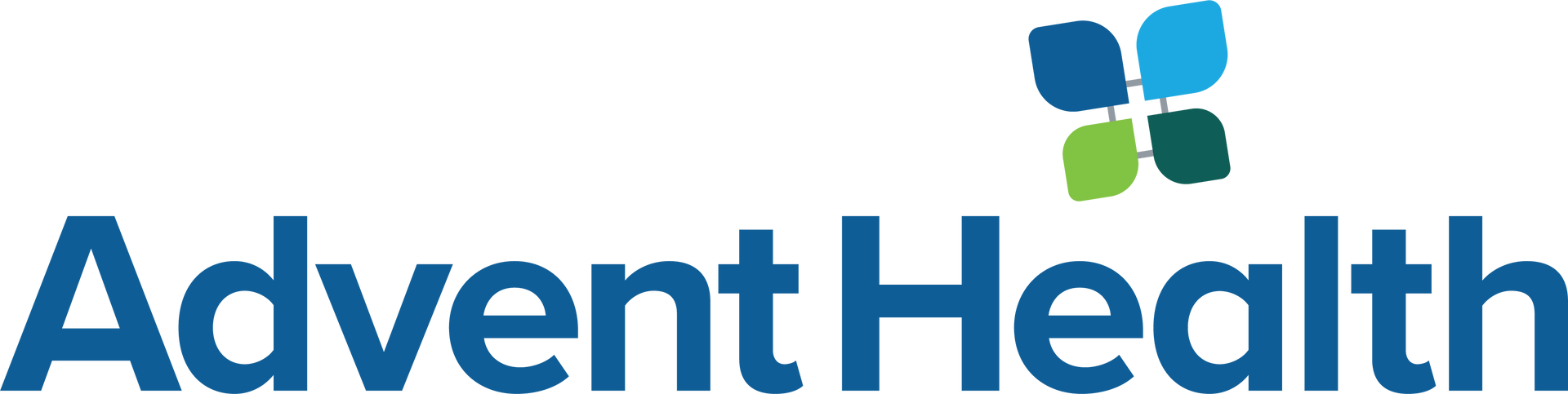 Advent Health logo, blue text with a four-petal design with shades of blue and green.