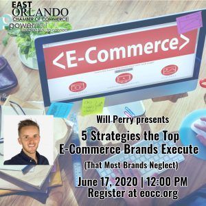 Promotional graphic for an e-commerce workshop. Includes speaker Will Perry and event details: June 17, 2020 at 12:00 PM.