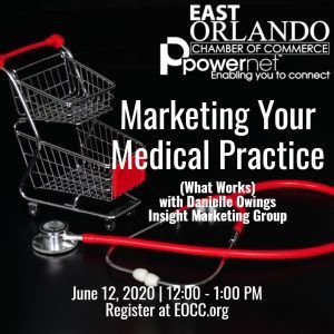 Marketing your medical practice event: June 12, 2020. Features a stethoscope and shopping carts. Hosted by East Orlando Chamber of Commerce.