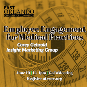 Flyer for a medical practices employee engagement event. June 10, 12-1pm, GoToMeeting. Register at eocc.org. Features a measuring tape.