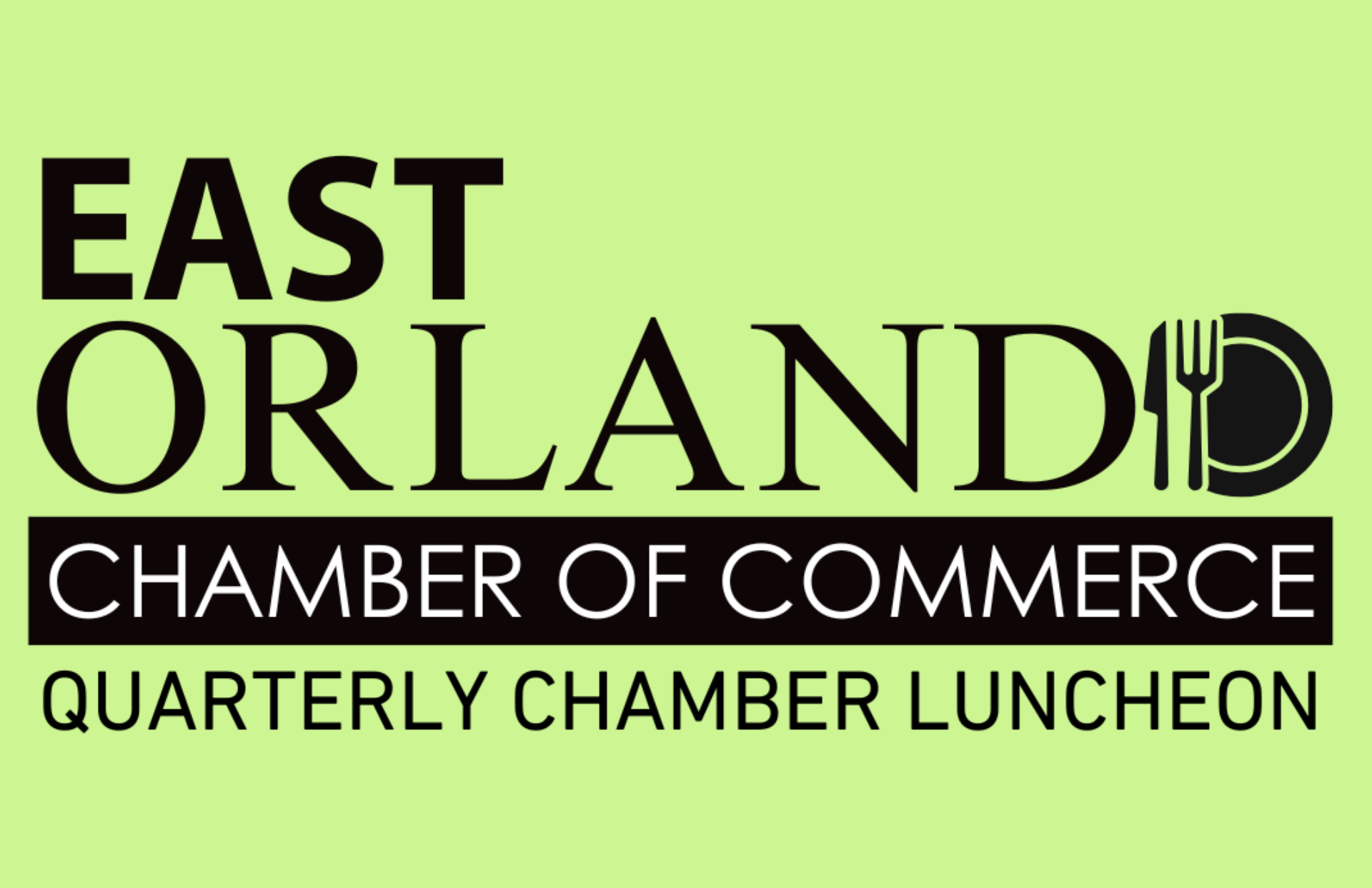 East Orlando Chamber of Commerce logo on light green background. Features text and a plate/utensil icon.