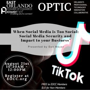 Promotional graphic for a social media security workshop on August 21st at the East Orlando Chamber of Commerce.