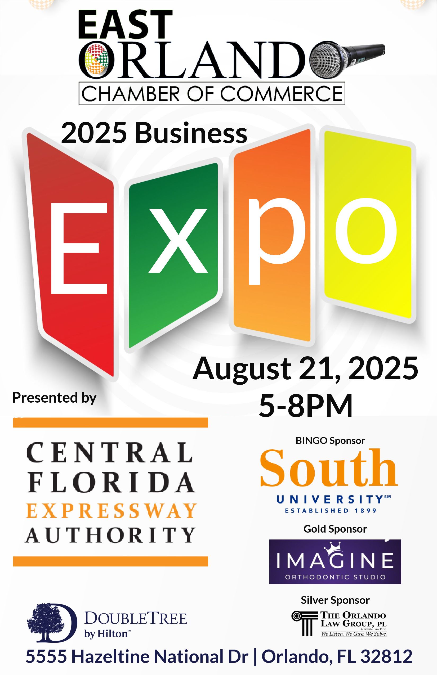 East Orlando Chamber of Commerce 2025 Business Expo, August 21, 2025, 5-8PM. Hosted at 5555 Hazeltine National Dr, Orlando, FL 32812.
