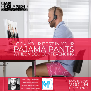 Man in pajama pants at a video conference, promotional graphic for an event. Text reads 
