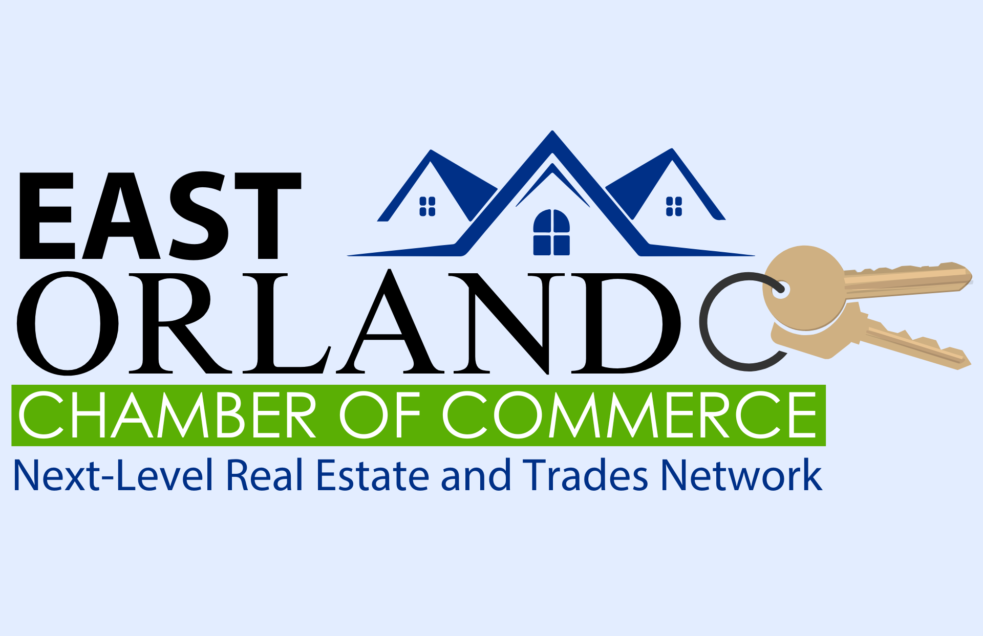Logo for East Orlando Chamber of Commerce. Features blue houses, keys, and text.