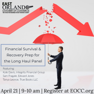 Panel announcement for financial survival. A man holds a red umbrella under a descending red arrow.