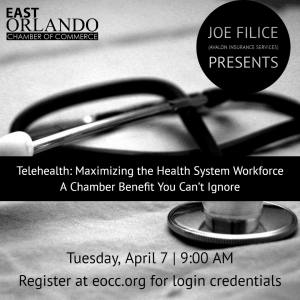 Advertisement for a telehealth presentation by Joe Filice and East Orlando Chamber of Commerce.