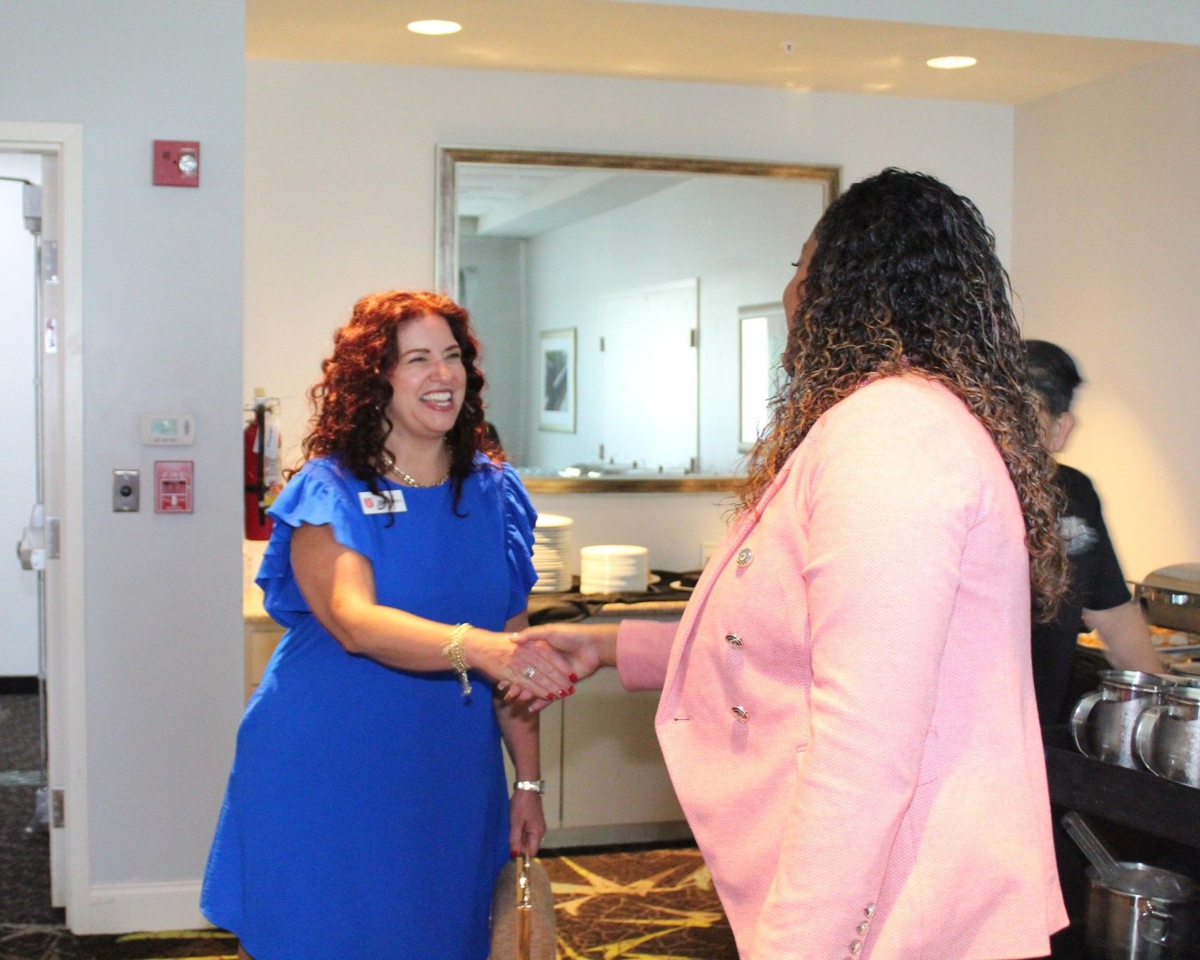 Two women shaking hands in a bright room; one in blue, one in pink. They are smiling near a buffet.