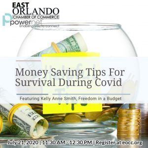 Advertisement for a virtual event by East Orlando Chamber of Commerce. Topic: money-saving tips during COVID. Includes money in a jar.