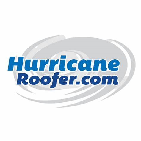 Hurricane Roofer logo with blue text on a gray hurricane graphic.