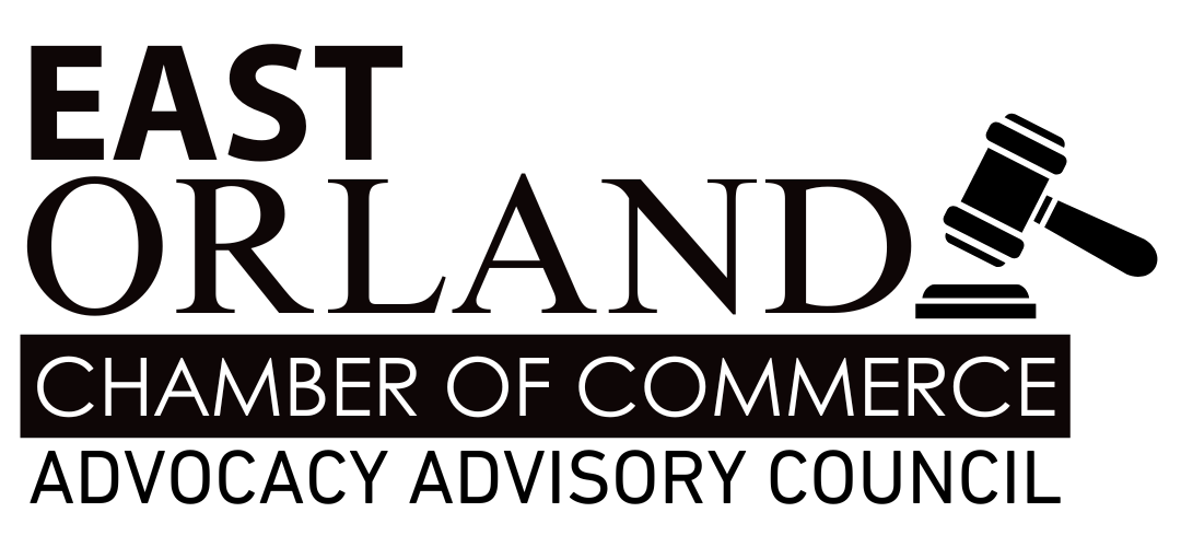 Logo for East Orlando Chamber of Commerce Advocacy Advisory Council with a gavel icon.