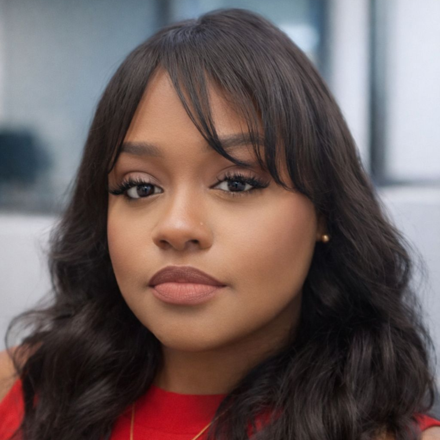 Woman with dark brown hair, wearing a red top, against a office background.