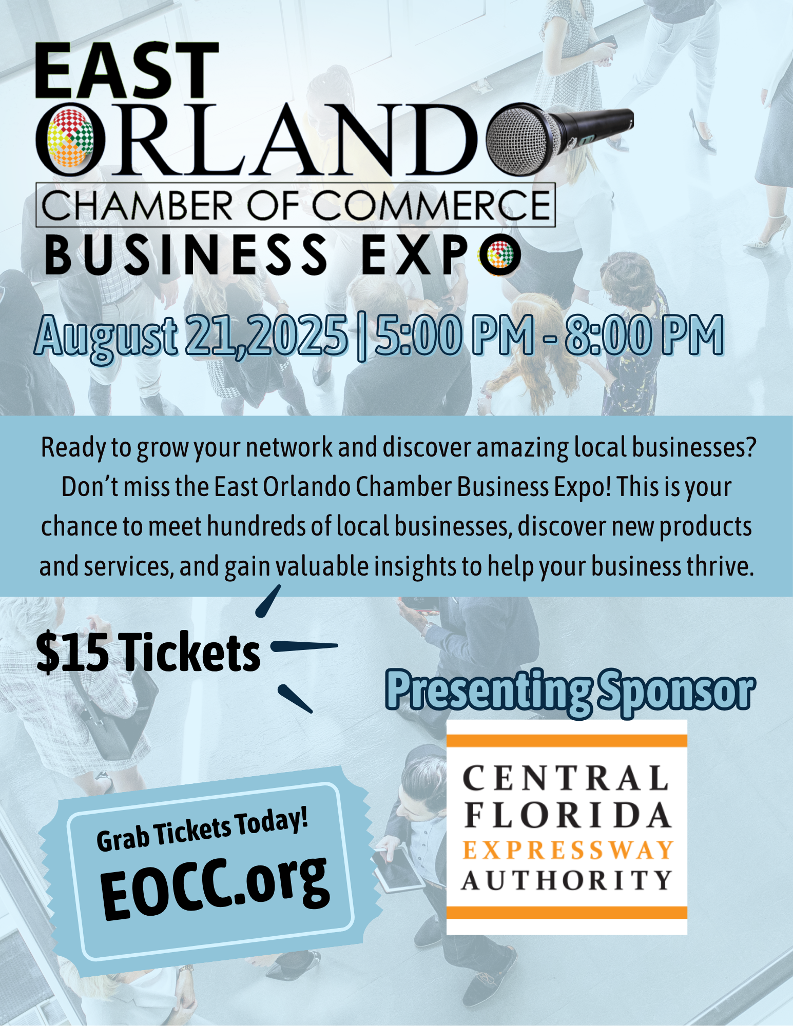 East Orlando Chamber of Commerce Business Expo ad, August 21, 2025, 3:00 PM - 8:00 PM. Tickets $15. EOCC.org. Sponsored by Central Florida Expressway Authority.