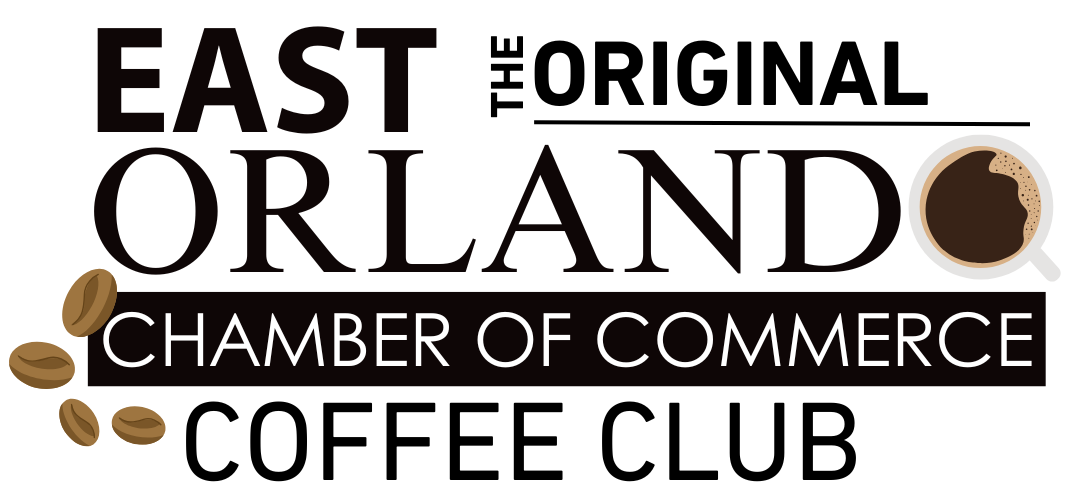 East Orlando Chamber of Commerce Coffee Club logo. Text with coffee cup and beans.