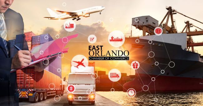 Businessman near logistics images: plane, ship, truck. East Orlando Chamber of Commerce logo.