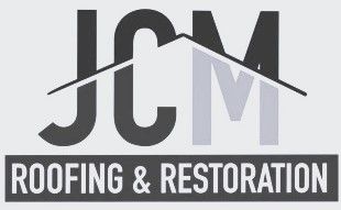 JCM Roofing & Restoration logo: black JCM letters with roof outline, text 