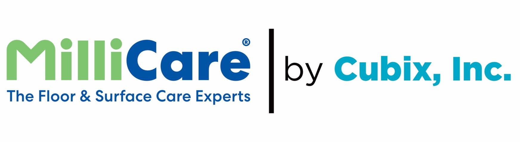 MilliCare logo with green and blue text, vertical line, and “by Cubix, Inc.”