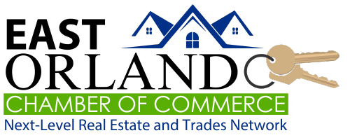 East Orlando Chamber of Commerce logo with blue houses, keys, and green banner.