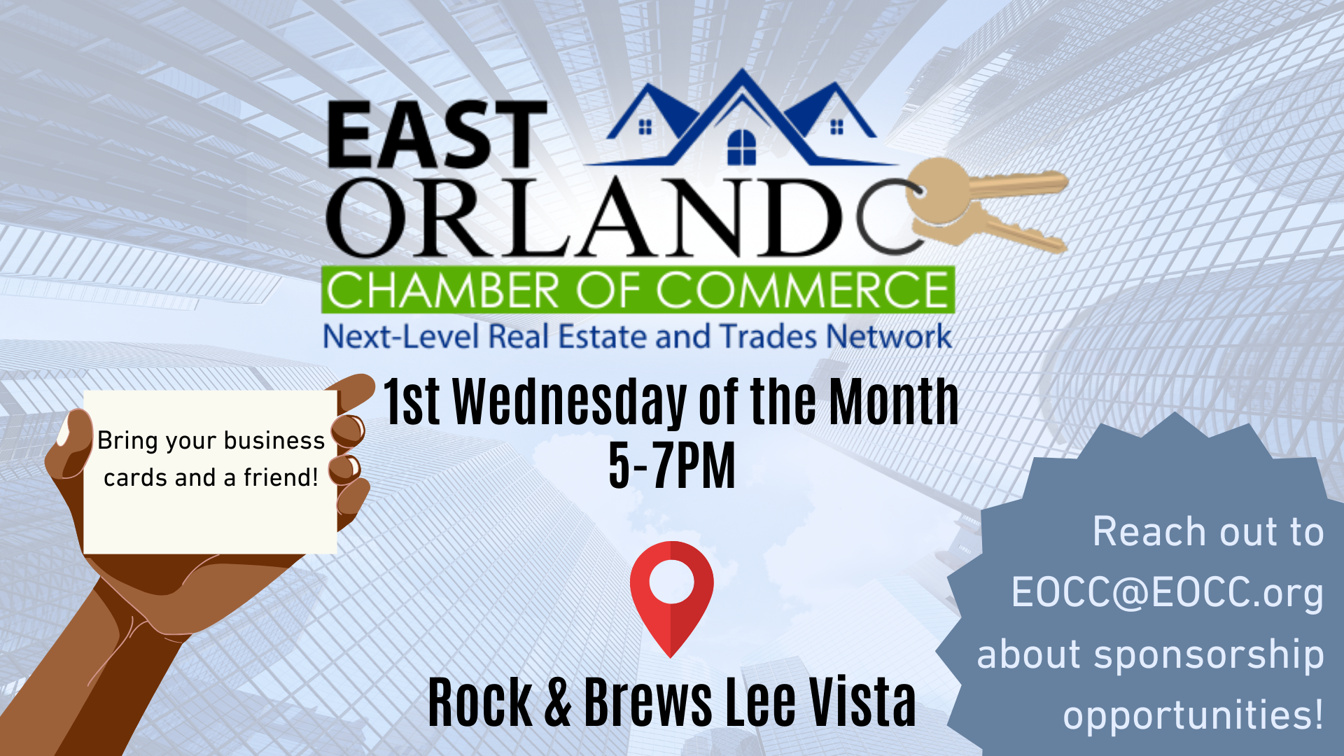 East Orlando Chamber of Commerce networking event at Rock & Brews Lee Vista, every first Wednesday, 5-7PM.