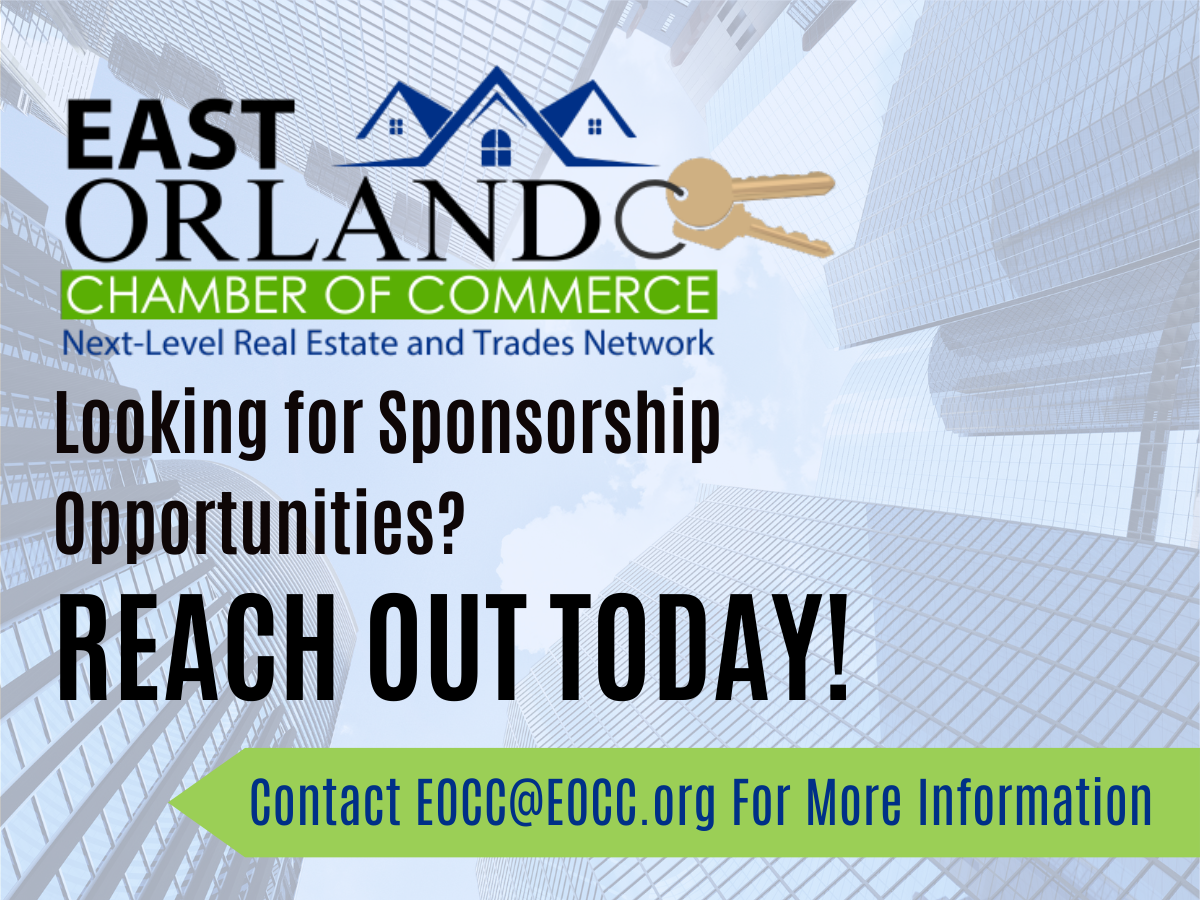Advertisement for East Orlando Chamber of Commerce seeking sponsorships. Features logo with houses and a key, green and blue colors.