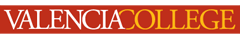 Valencia College logo on a red rectangular background; white text, orange and yellow text.