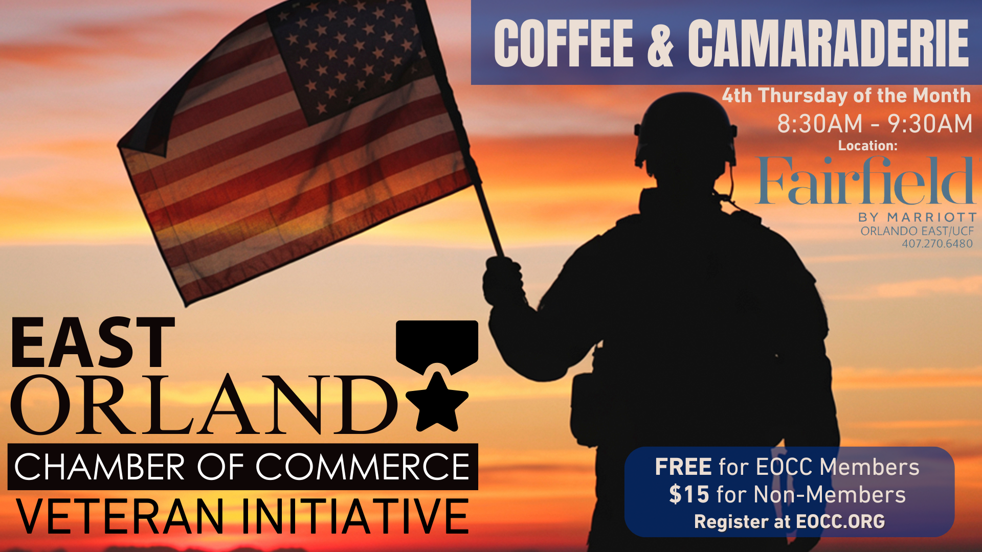Promotional graphic for a veteran event by the East Orland Chamber of Commerce. A silhouette of a soldier holding the American flag with the sunrise in the background.