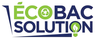 Logo EcoBac Solution en vert et bleu avec des icônes de feuilles et une goutte d'eau stylisée.